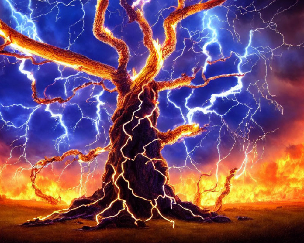 Large, gnarled tree with electrified branches in fiery stormy sky