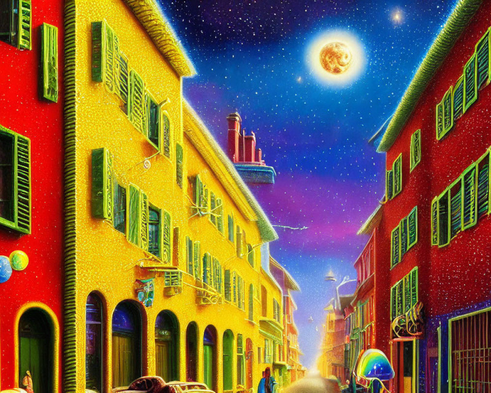 Colorful European-style buildings under starry sky with moon and floating bubbles.