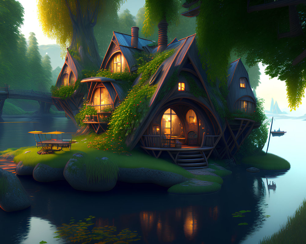 Fantasy riverside cottages in lush greenery at dusk