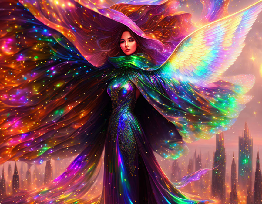 Iridescent-winged figure in cosmic setting