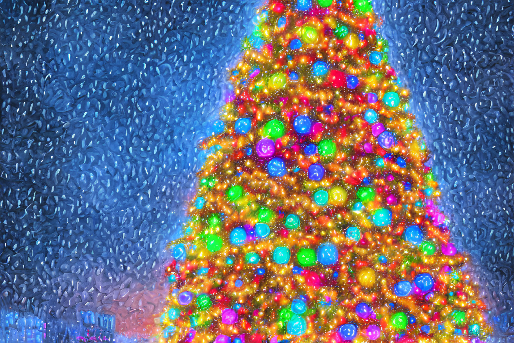 Colorful lights on illuminated Christmas tree through rainy window