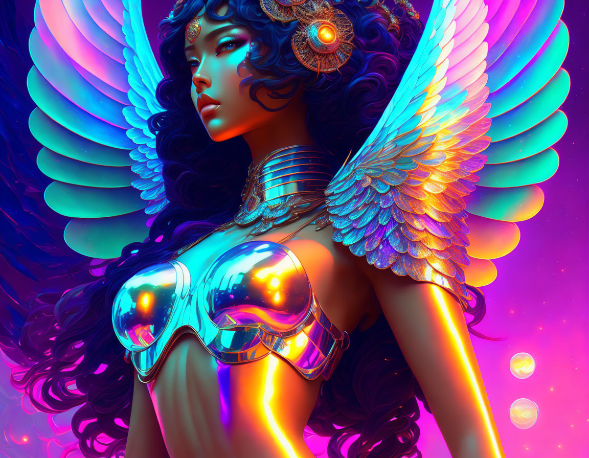 Fantasy woman with blue skin, golden armor, iridescent wings on neon backdrop