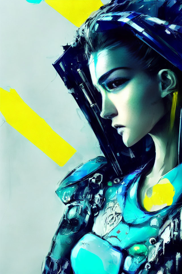 Futuristic female with blue skin and cybernetic enhancements on blue and yellow brush strokes.