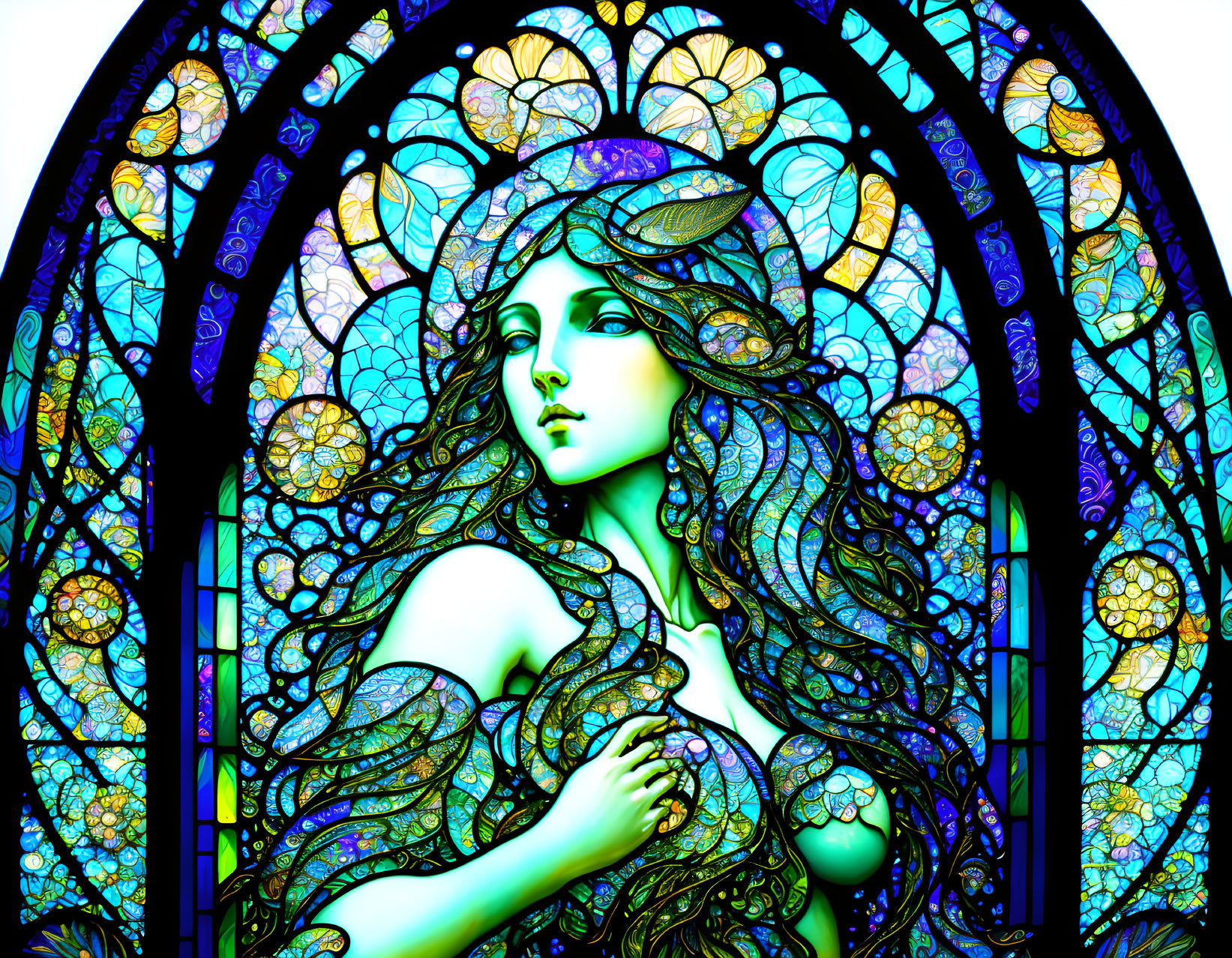 Colorful stained-glass artwork of a woman with floral hair on blue background