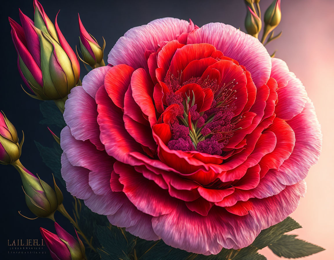 Detailed close-up of vibrant red and pink peony flower with yellow stamens, buds, and