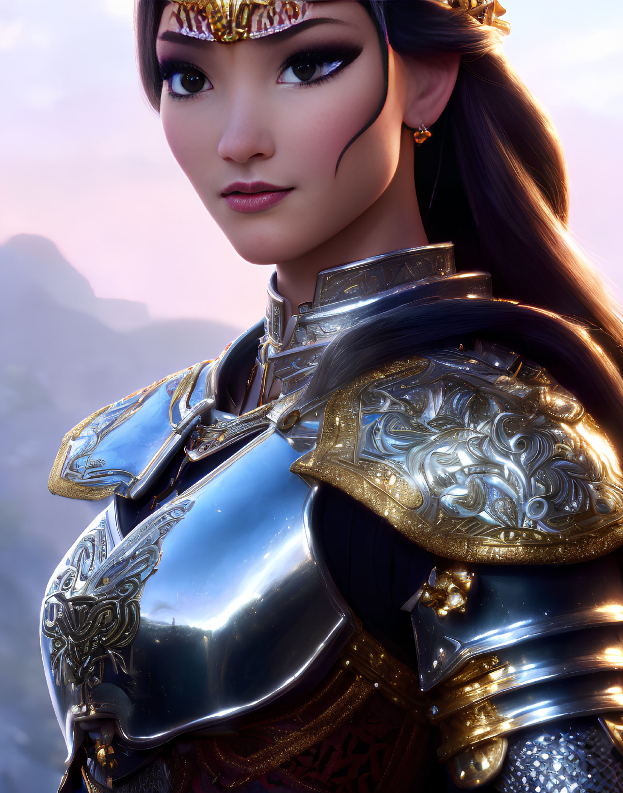 Digital portrait of serene female warrior in ornate armor against mountainous backdrop