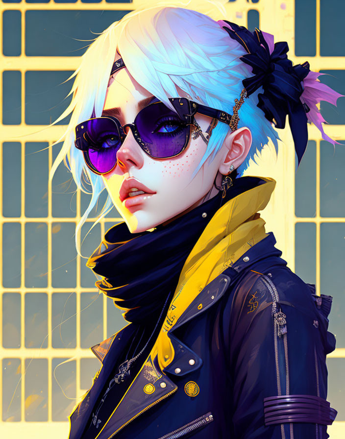 Stylized illustration of person with white hair and purple sunglasses