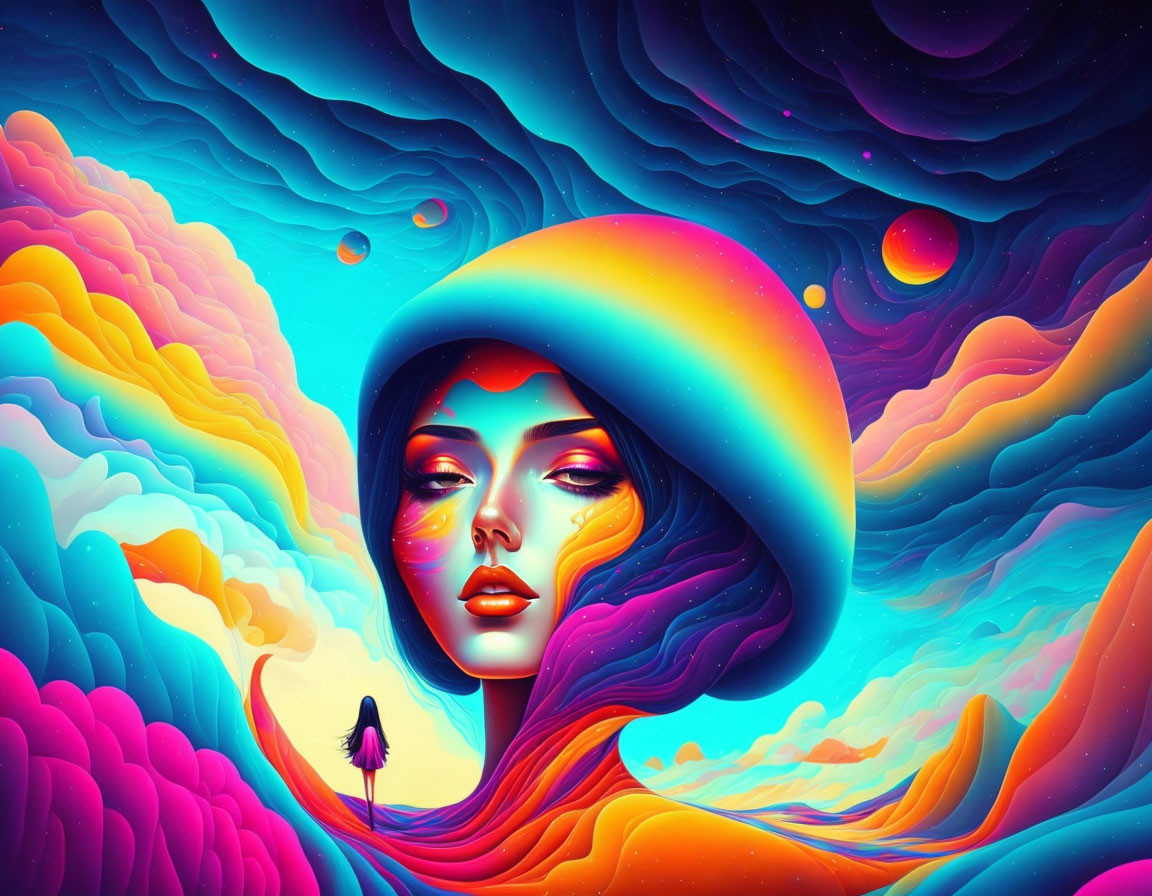 Colorful digital artwork: stylized woman with flowing hair in psychedelic landscape