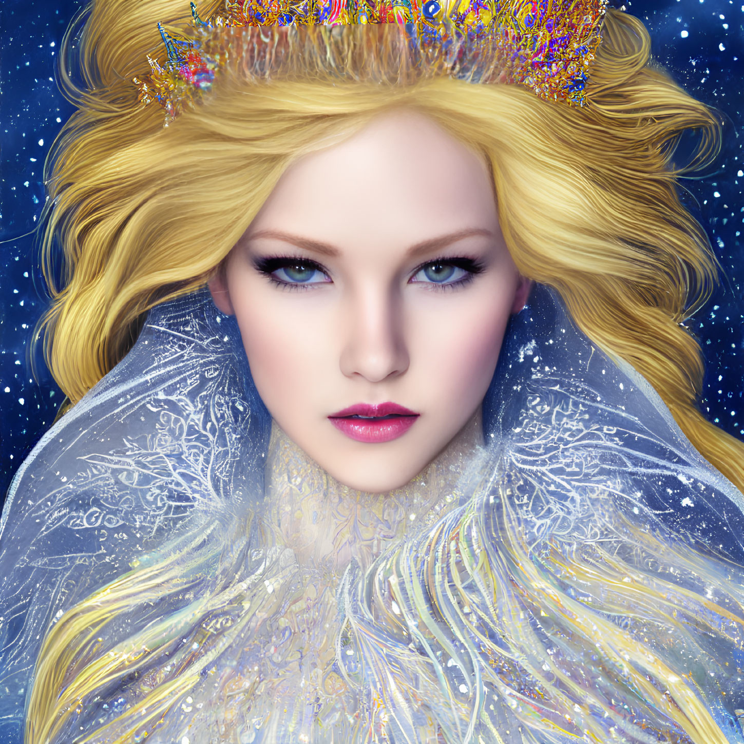 Portrait of woman with blue eyes, blonde hair, crown, cape, starry background