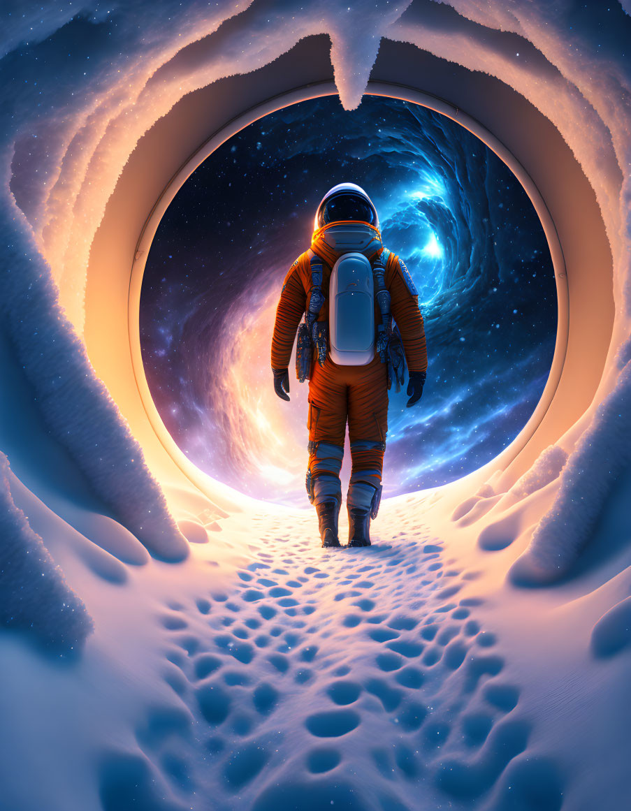 Astronaut in Orange Suit at Ice Tunnel Entrance Amid Swirling Galaxy