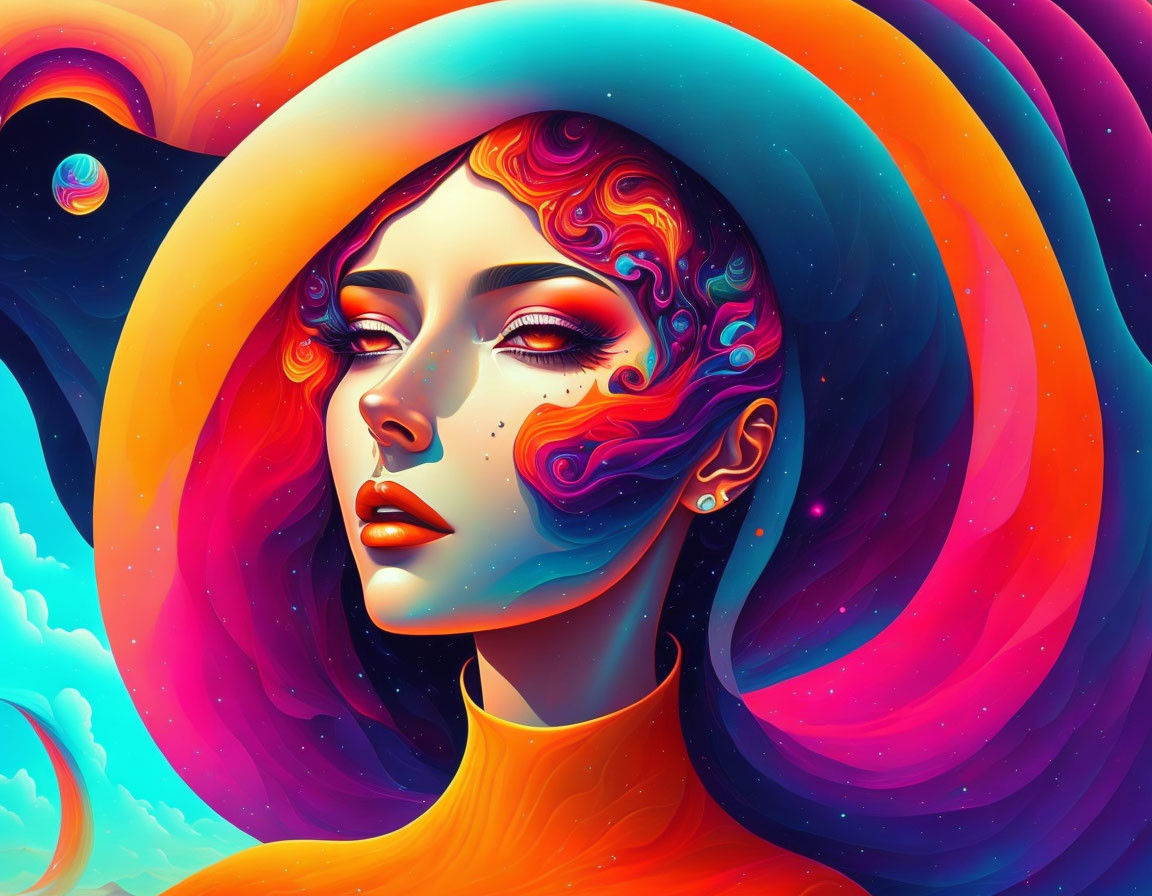 Colorful digital artwork of woman with wavy hair and hat against psychedelic backdrop.