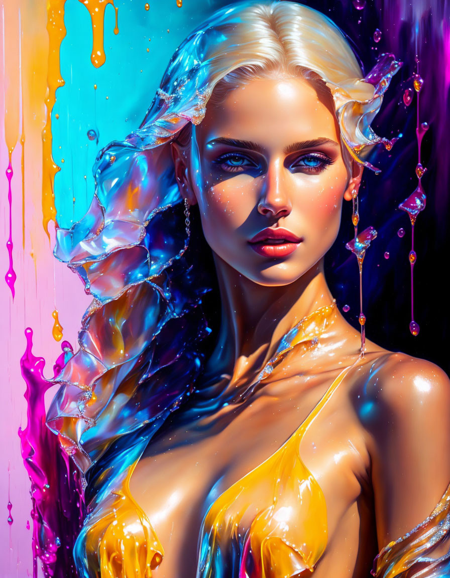 Colorful digital artwork: Woman with flowing hair in vibrant spectrum.