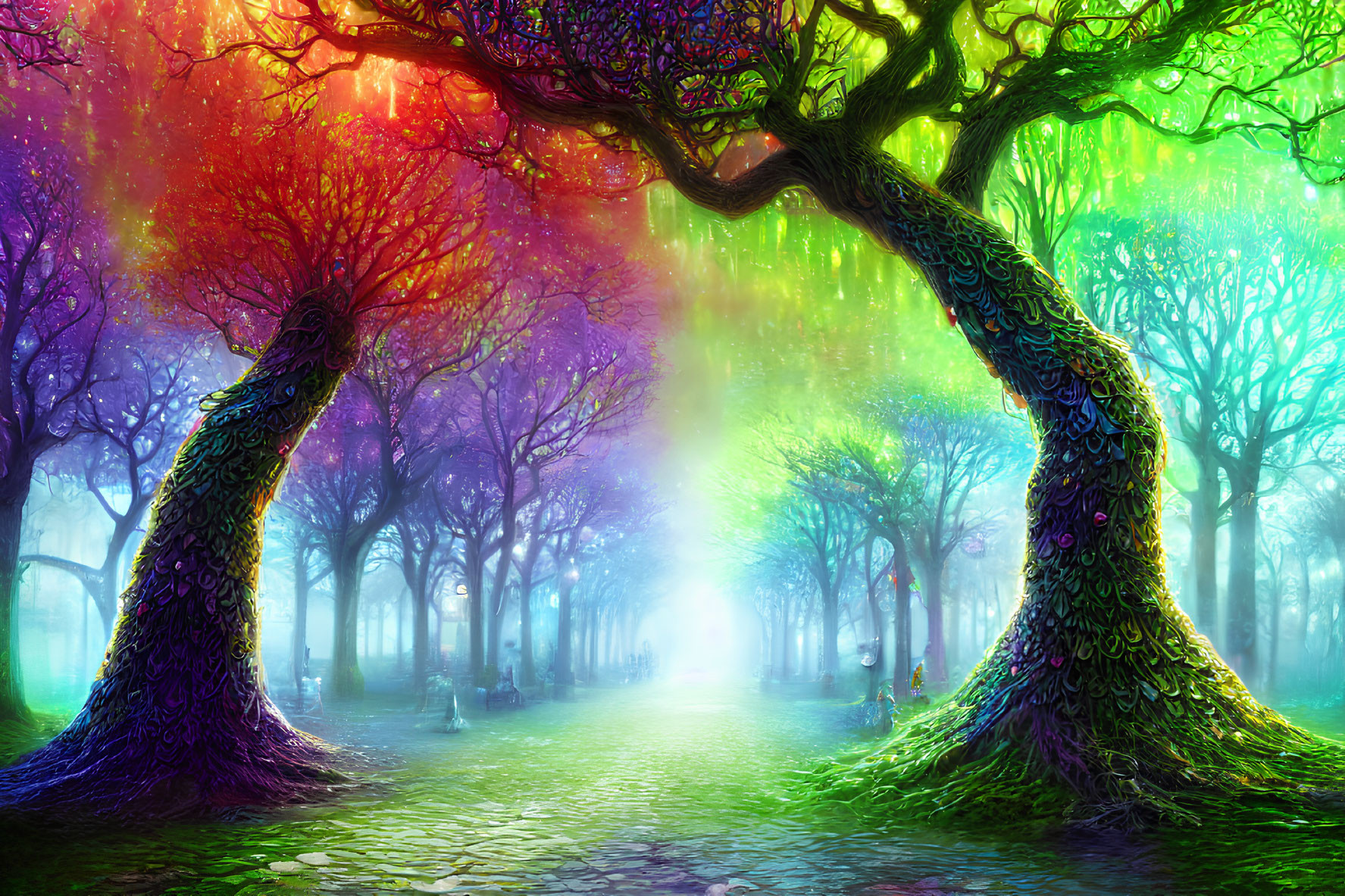 Colorful Pathway Flanked by Twisted, Multi-Hued Trees