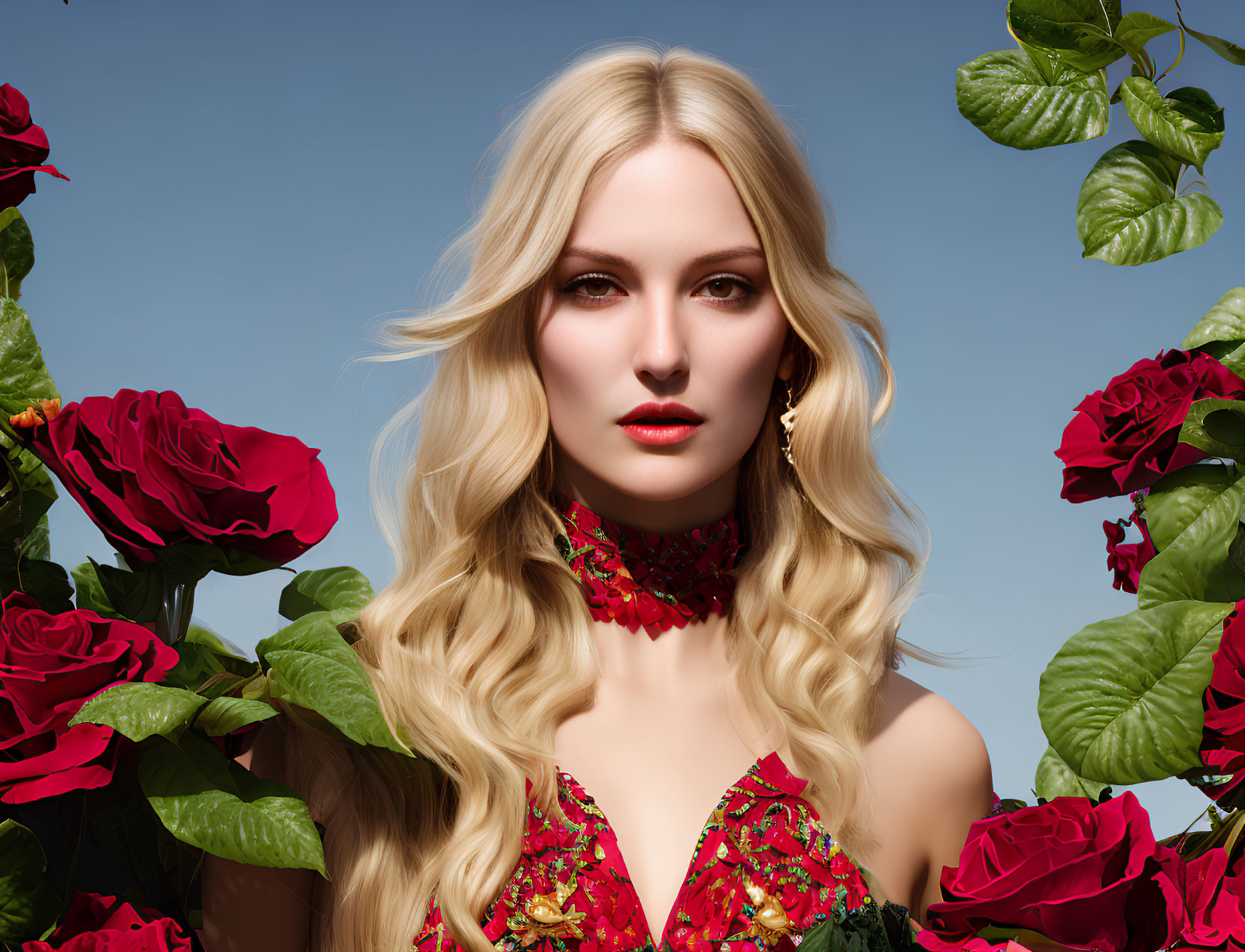 Blonde woman in red floral dress surrounded by roses on blue sky.