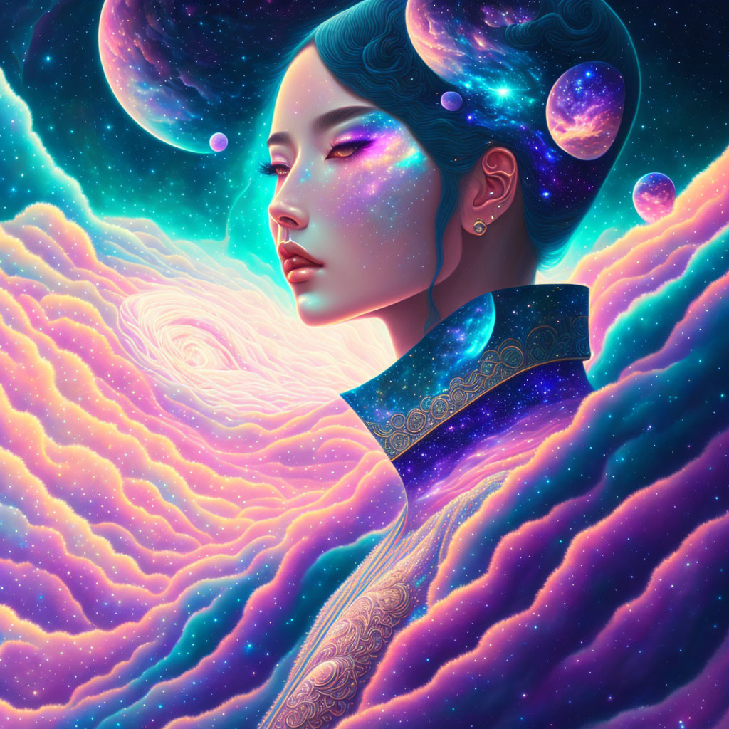 Surreal portrait of woman with galaxies and planets in her hair