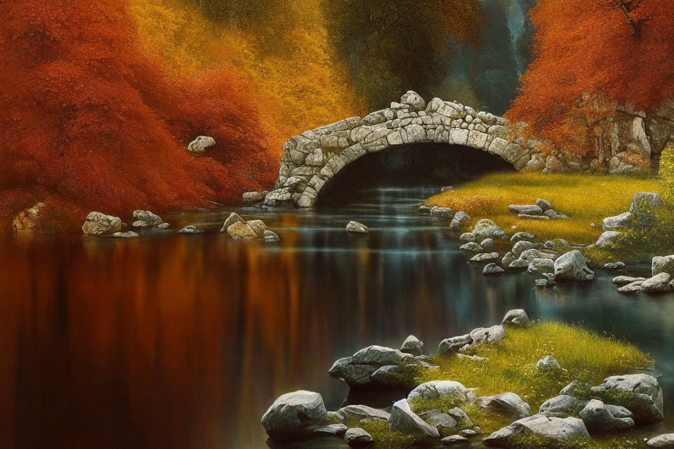 Ancient Stone Bridge Over Serene River Amid Autumn Foliage