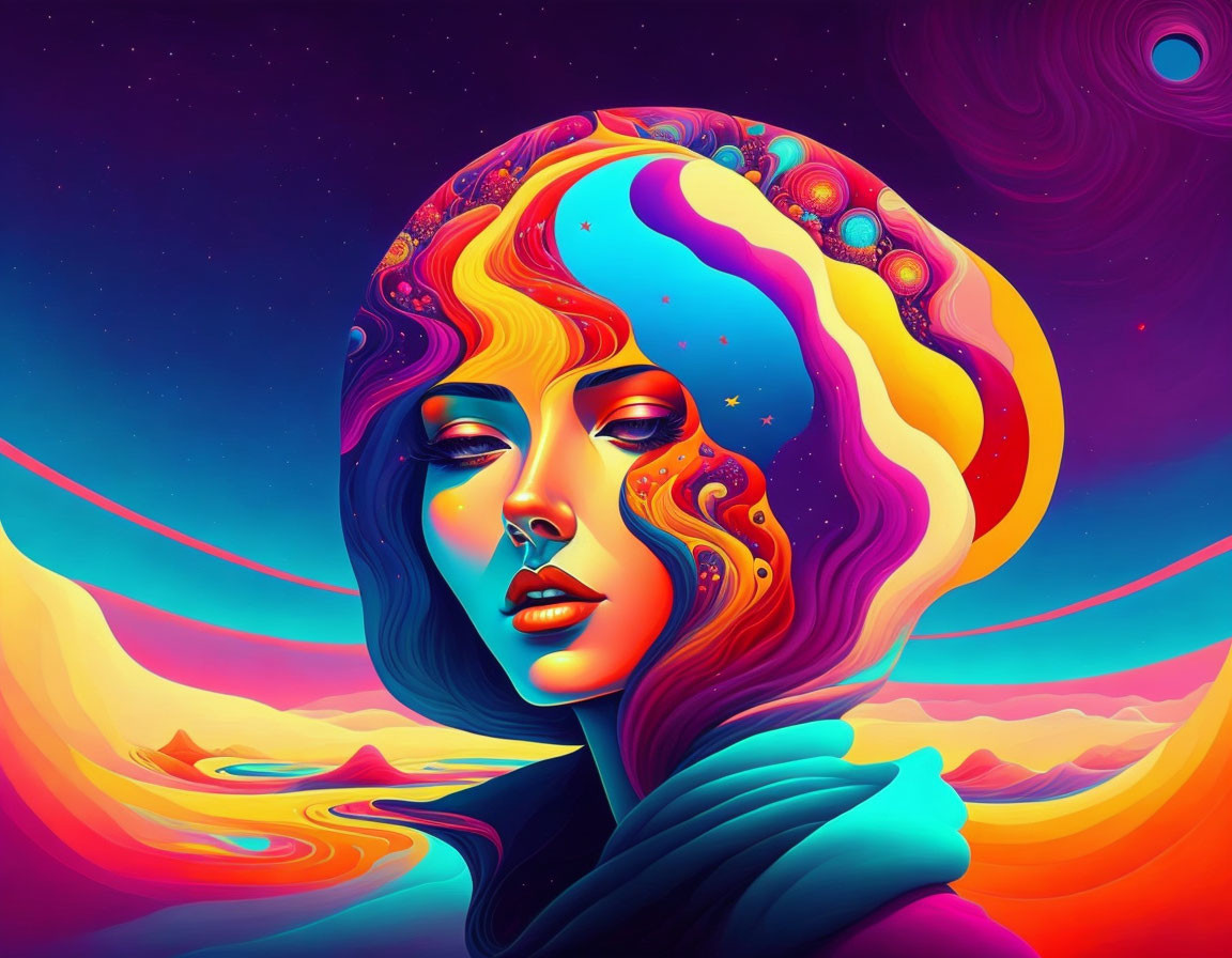 Colorful digital artwork: Woman with cosmic hair in surreal landscape