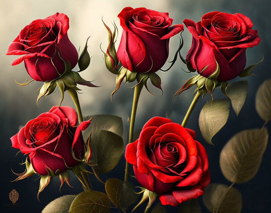 Five Vibrant Red Roses in Full Bloom on Dark Background