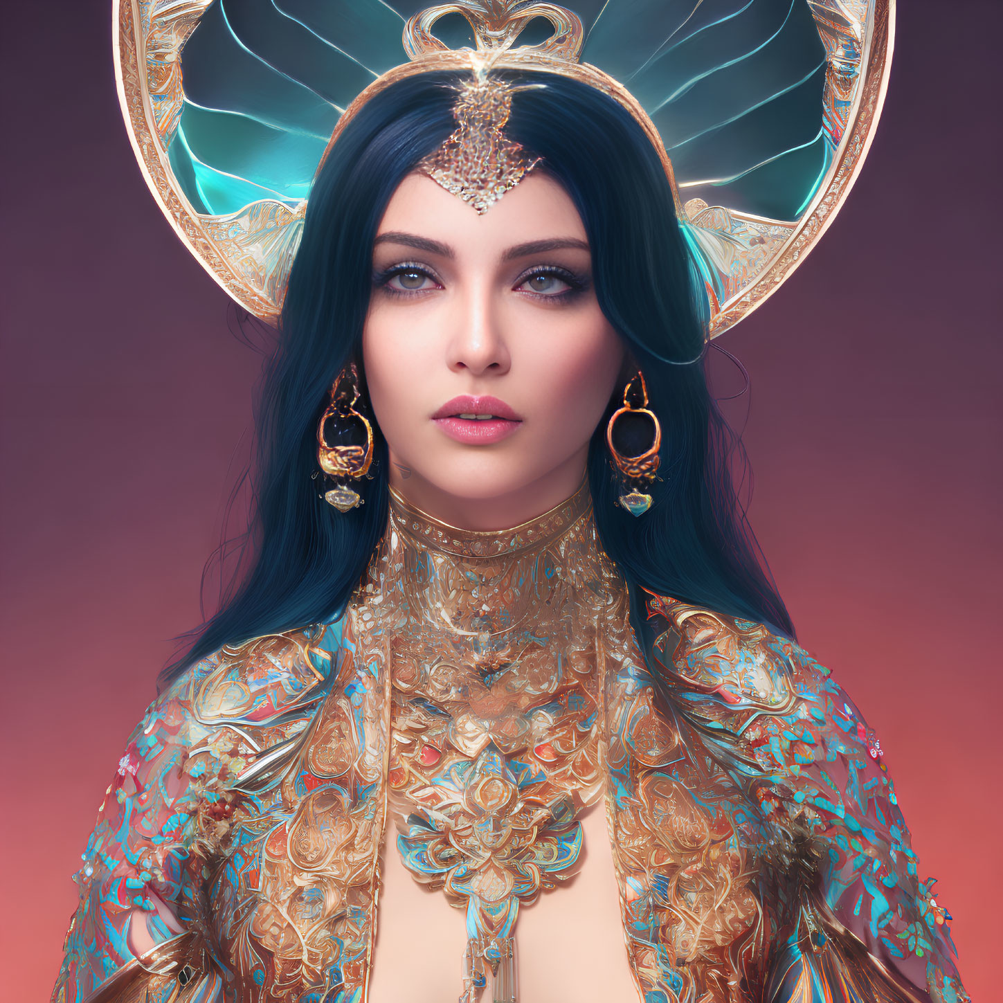 Digital artwork featuring woman with blue-black hair and gold-trimmed horns against warm gradient background