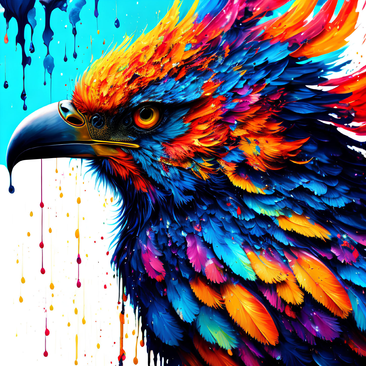 Colorful digital art: Eagle with bright, dripping colors on feathers