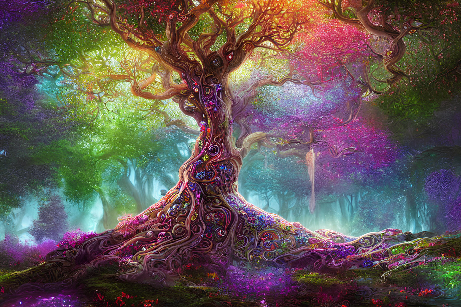 Fantasy-inspired tree with multicolored leaves in enchanted forest