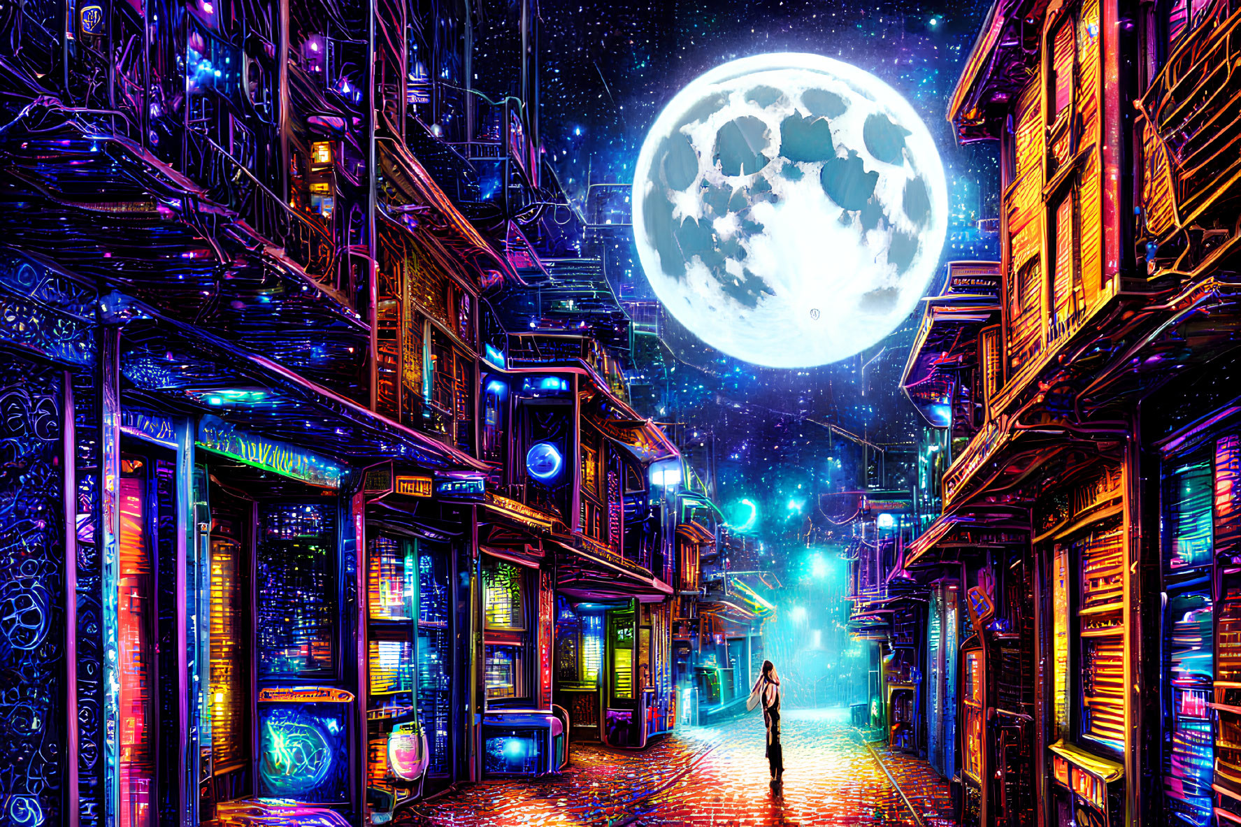 Vibrant cyberpunk cityscape with neon signs and moonlit sky