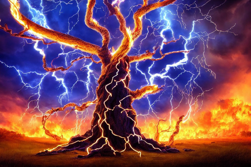 Large, gnarled tree with electrified branches in fiery stormy sky