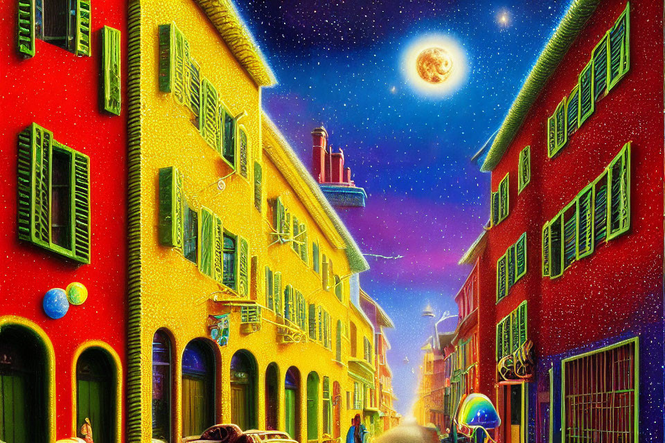 Colorful European-style buildings under starry sky with moon and floating bubbles.