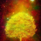 Colorful Tree Illustration Against Cosmic Background