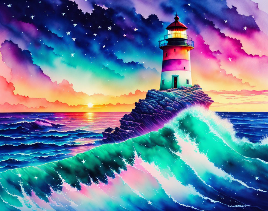 Colorful Lighthouse Artwork with Psychedelic Sunset and Ocean Waves