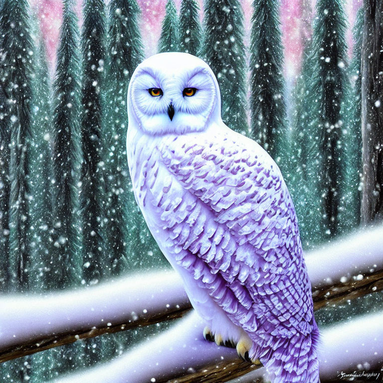 Snowy Owl Perched on Branch in Pine Forest Snowfall