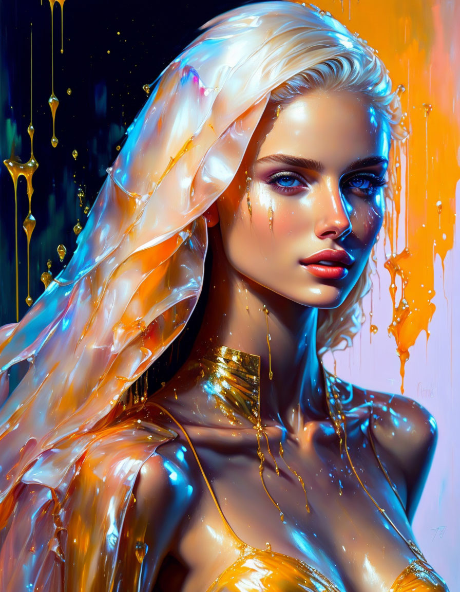 Digital artwork: Woman with golden paint on skin and hair against vibrant background