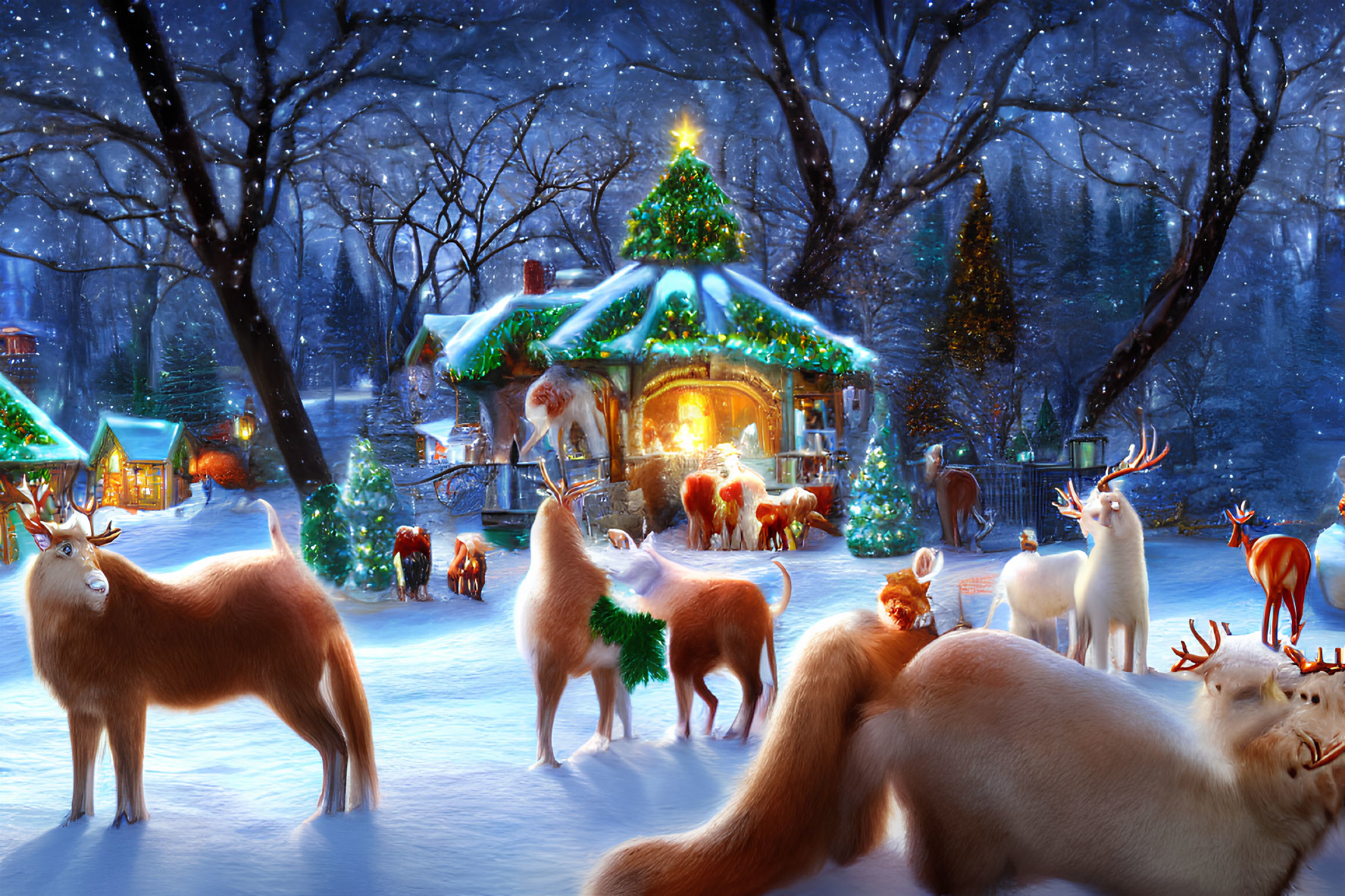 Winter Scene: Reindeer, Foxes, Snow-Covered Trees, Illuminated Houses,