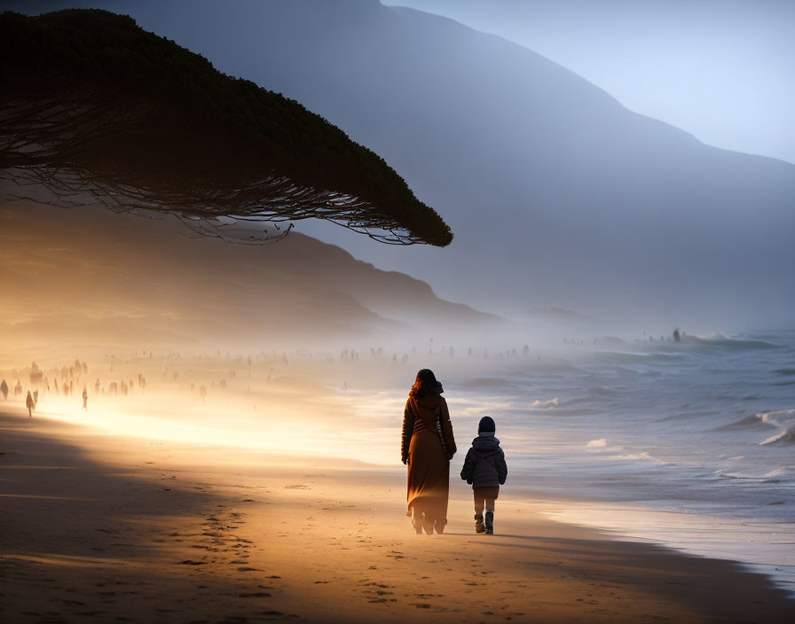 Adult and child silhouette on misty beach at sunset with golden sky and tree.