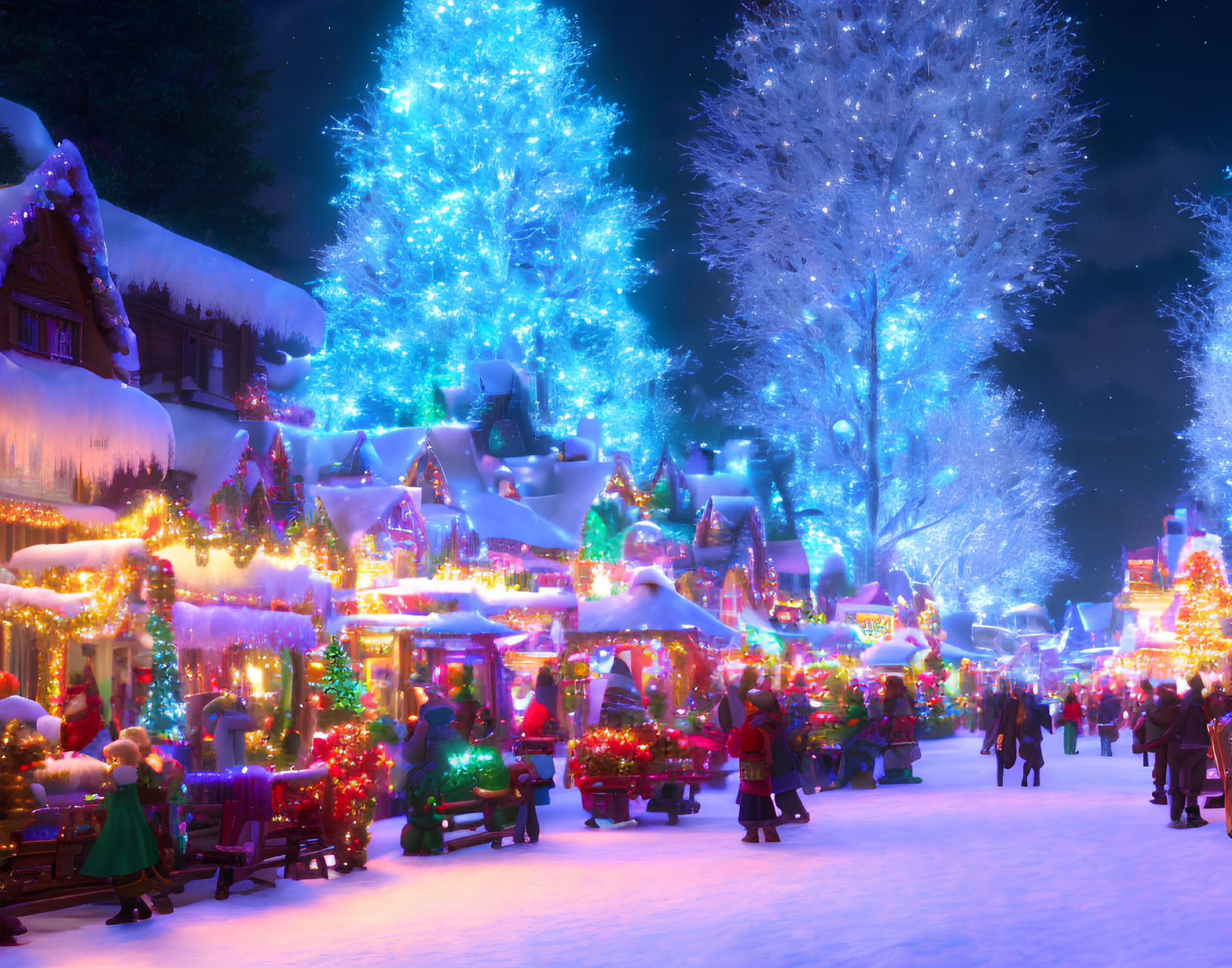 Vibrant Christmas market at night with festive lights and snow-covered trees