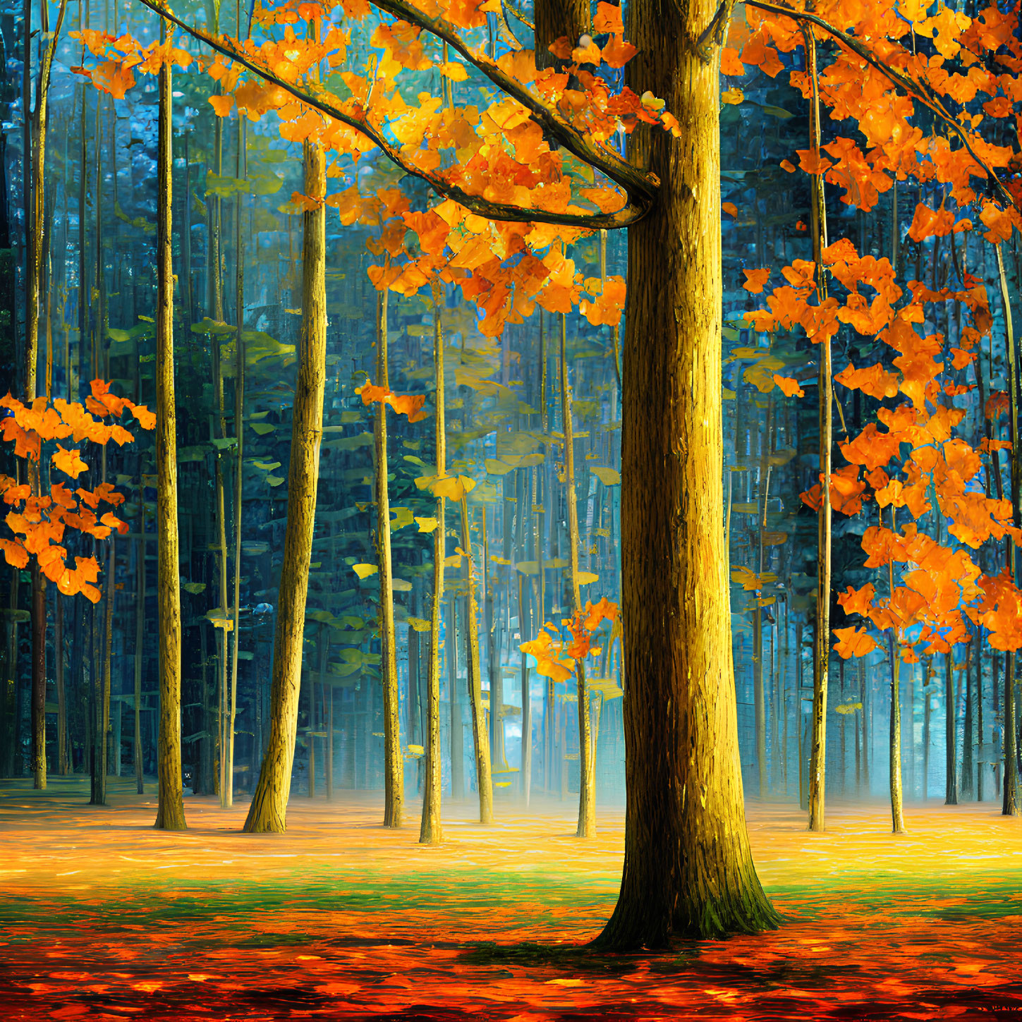 Vibrant Autumn Forest with Golden Foliage and Red Leaves