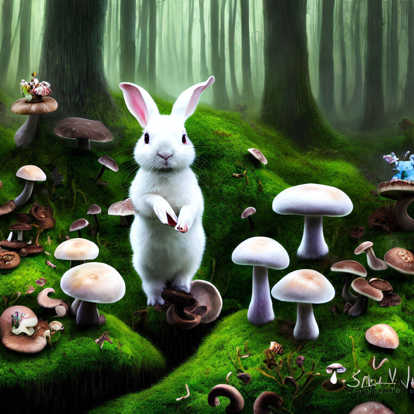 Digital Artwork: Oversized White Rabbit in Enchanted Forest with Mushrooms