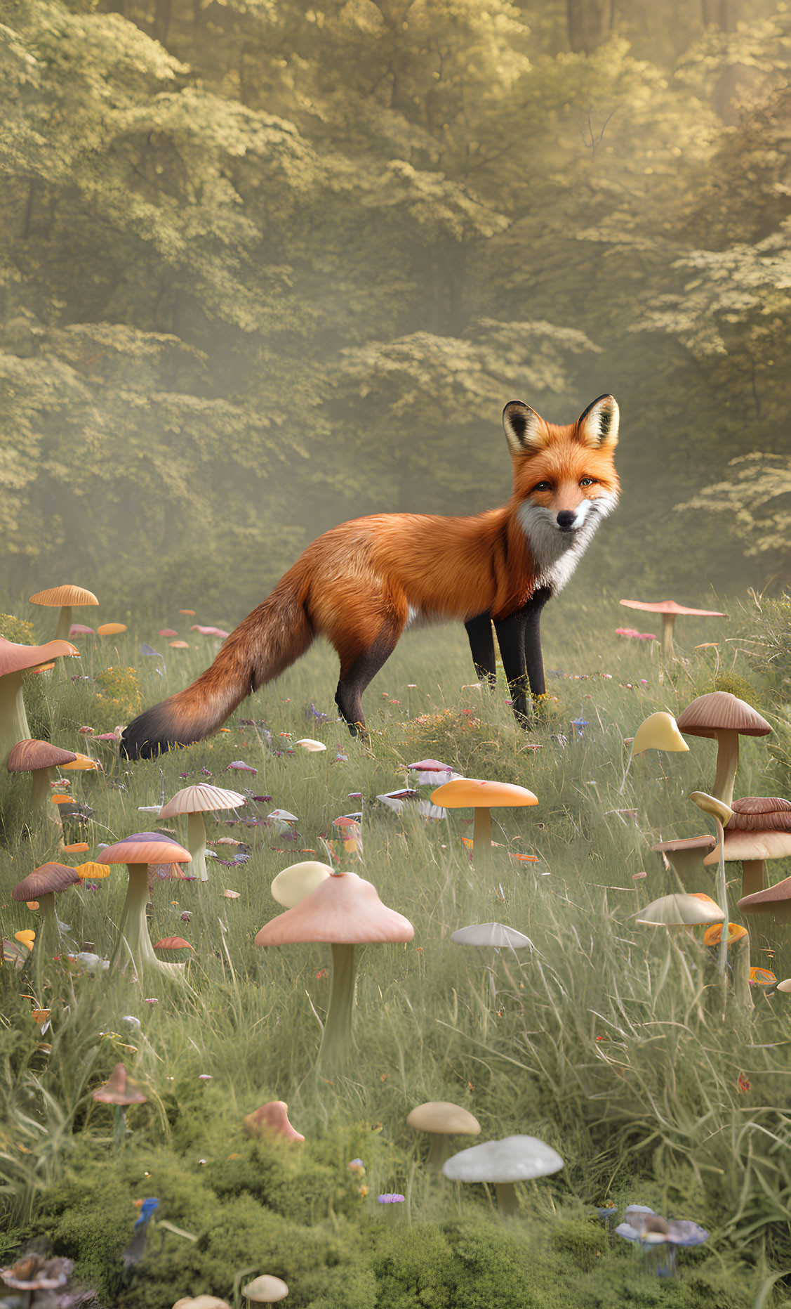 Orange Fox in Grassy Area with Colorful Mushrooms and Foggy Forest