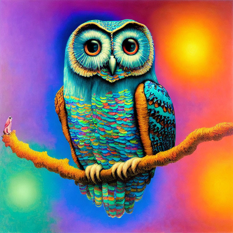 Colorful surreal owl illustration with pink bird on branch against rainbow background