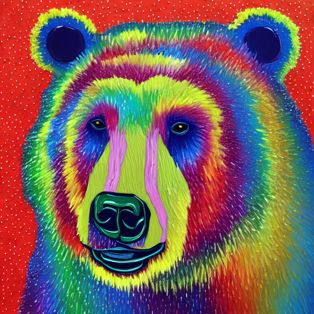 Vibrant rainbow bear face with dotted red background