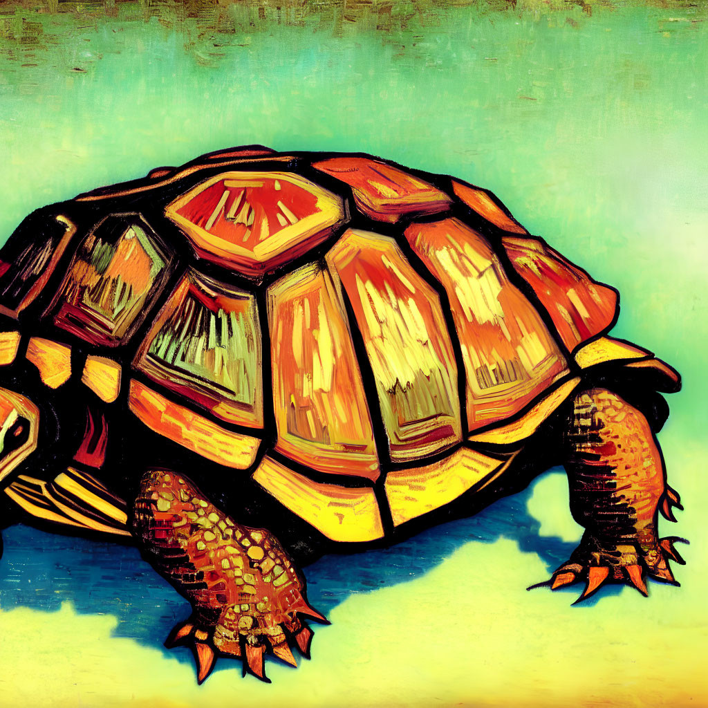 Colorful Tortoise Artwork with Textured Shell on Teal Background