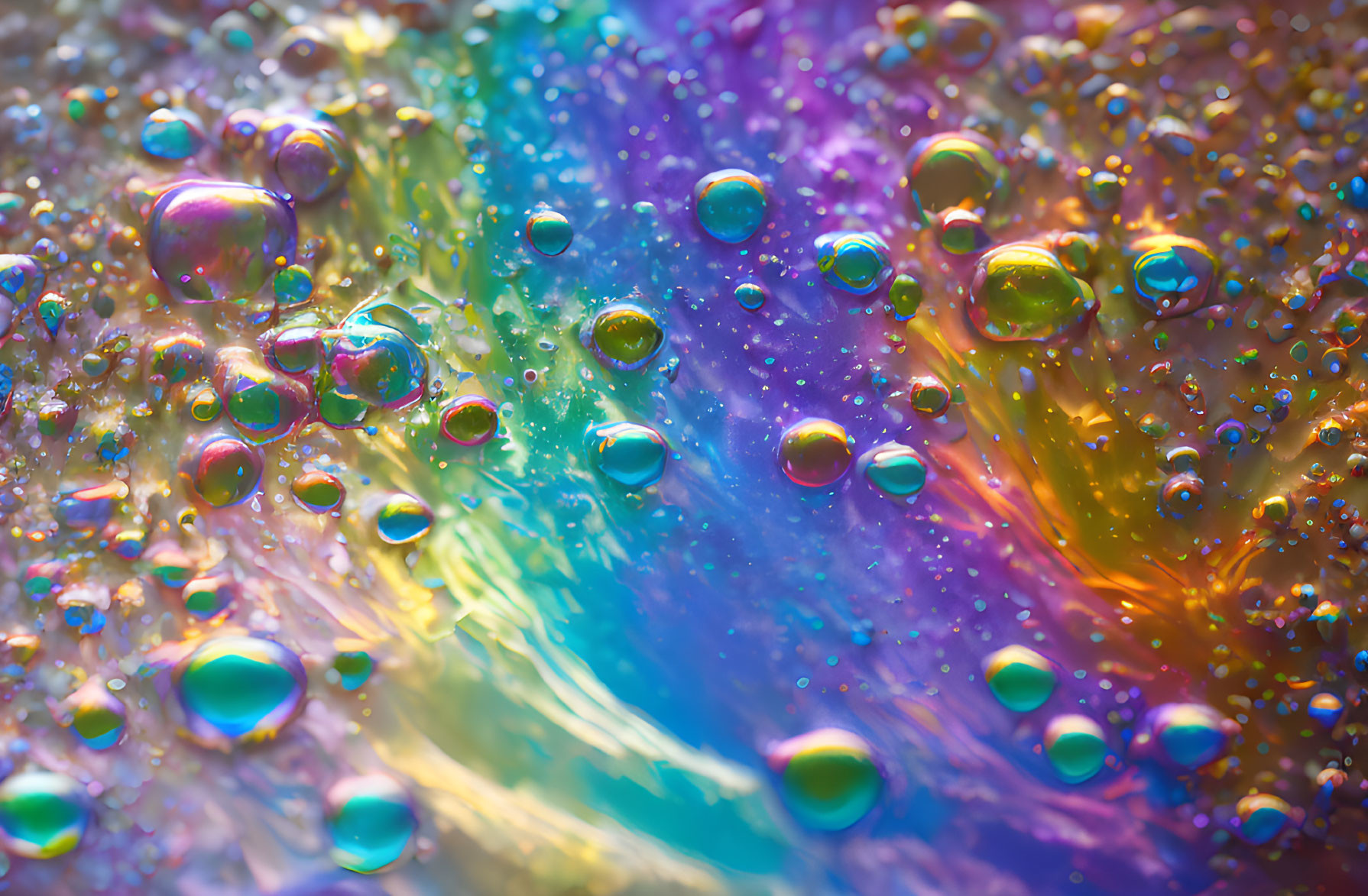 Colorful Water Drops Macro Photo with Rainbow-Like Reflections