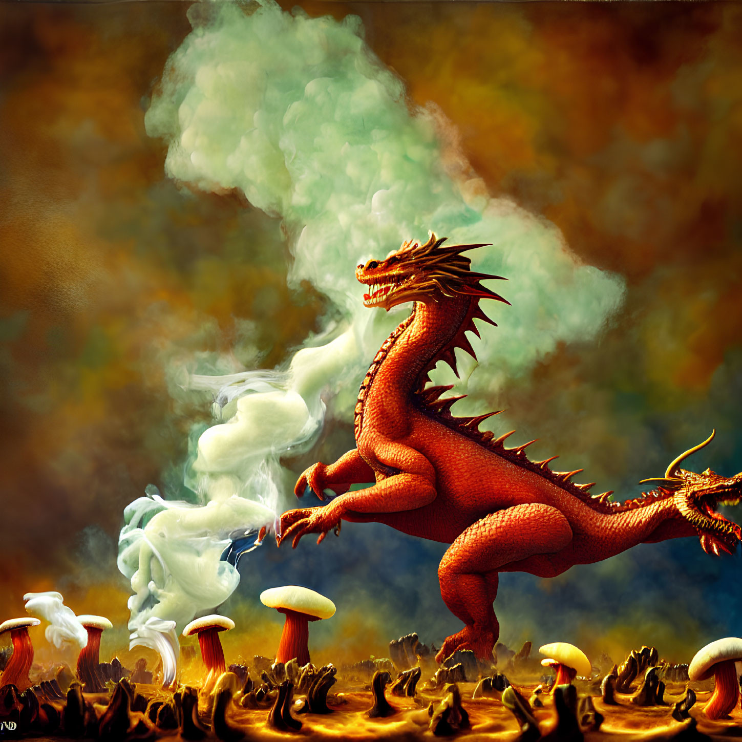 Fiery red-orange dragon in mushroom forest with smoke.