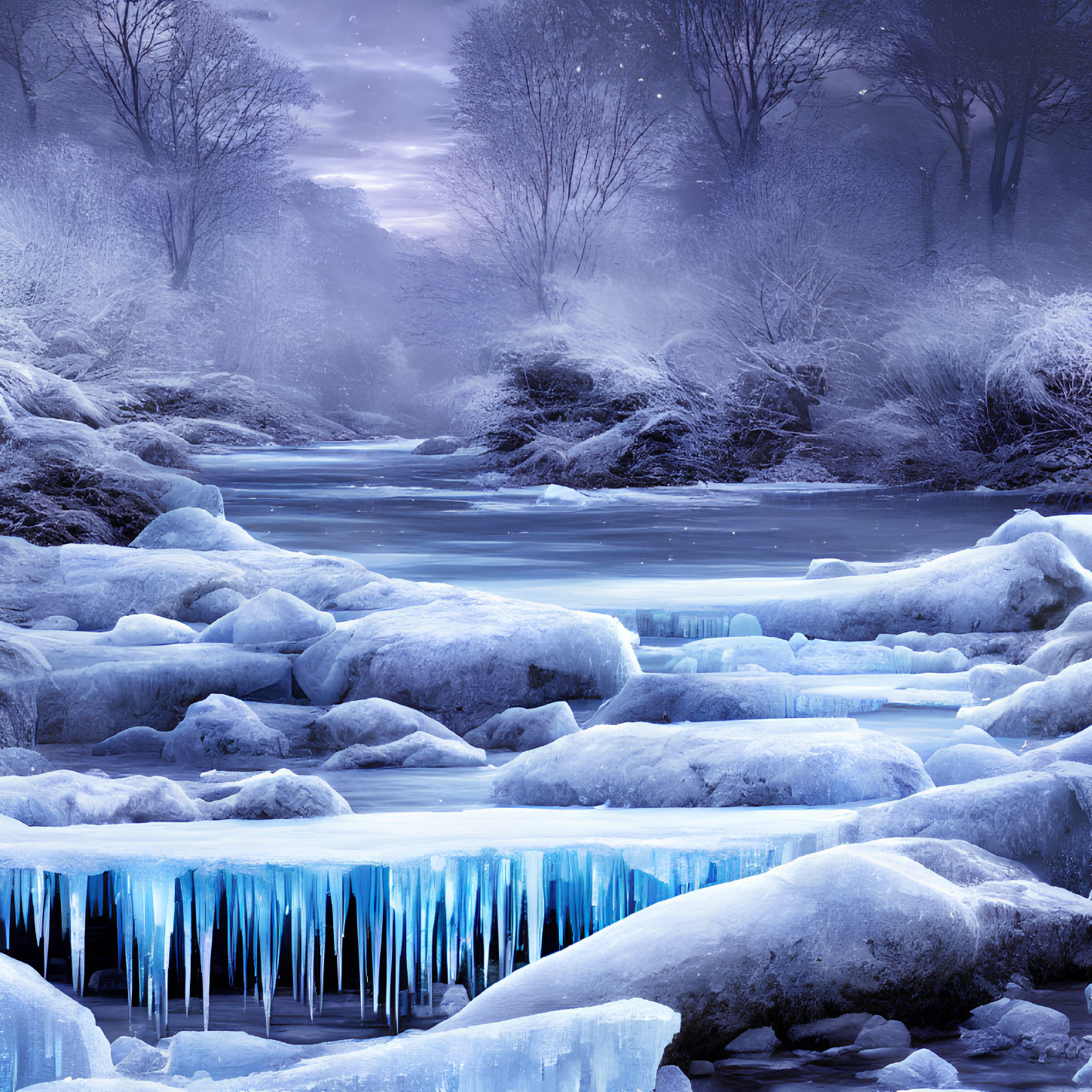 Frozen river and snow-covered rocks in serene icy landscape at dusk or dawn.