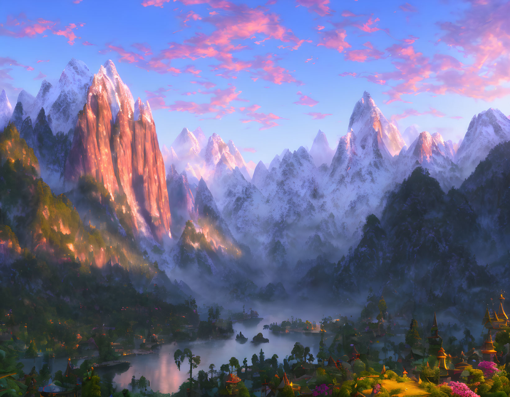 Scenic landscape with snow-capped mountains, misty lake, and colorful sky