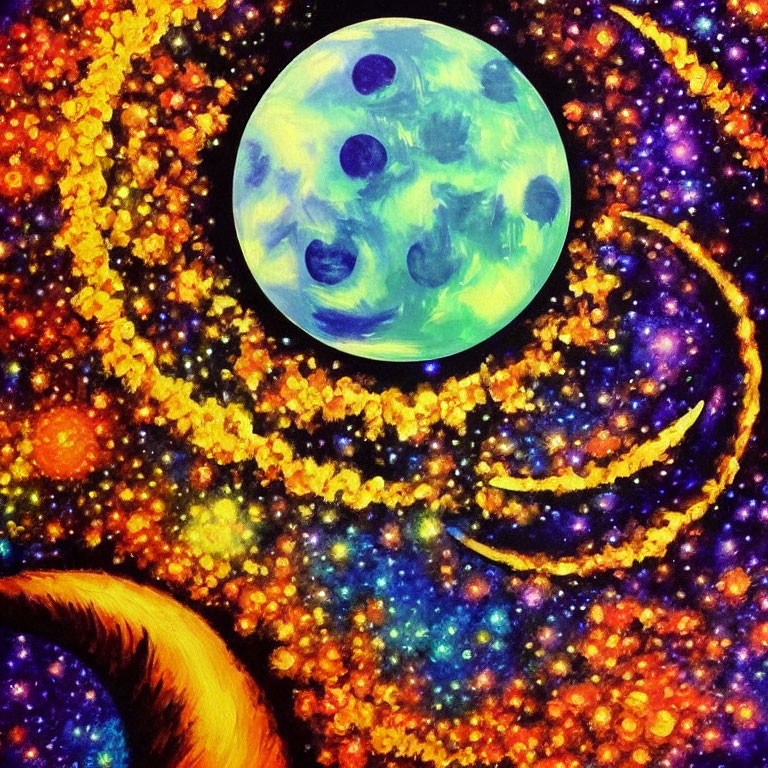 Colorful Psychedelic Painting of Moon and Galaxies