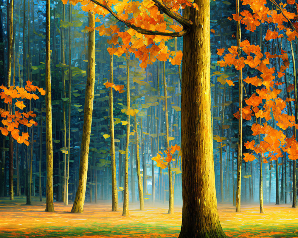 Vibrant Autumn Forest with Golden Foliage and Red Leaves