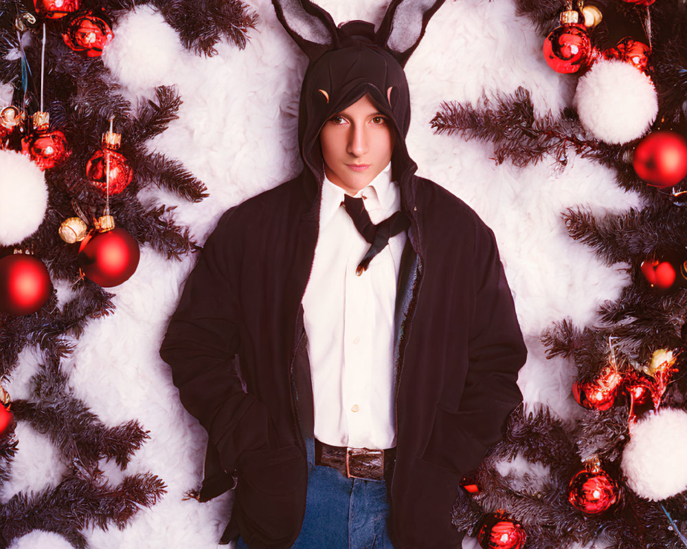 Person in Bunny-Eared Hood with Christmas Decorations