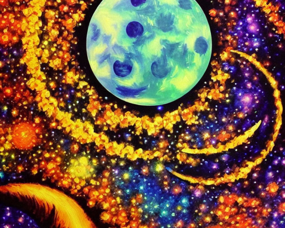 Colorful Psychedelic Painting of Moon and Galaxies