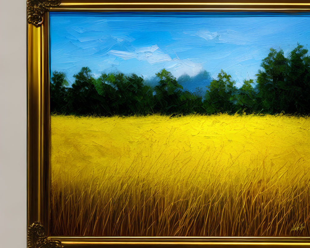 Vividly Painted Landscape: Yellow Field, Blue Sky, Gold Frame